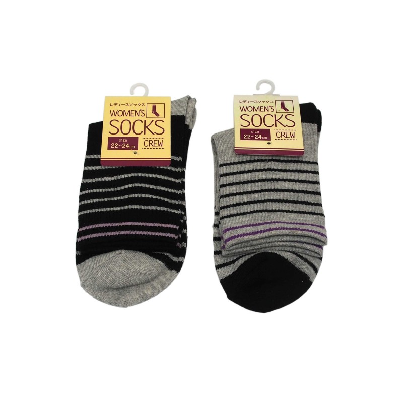 Ladies Socks Crew Type Stripes Black 22-24cm